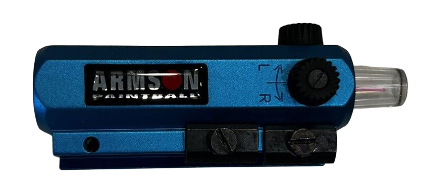 Top view of an Armson Paintball optic in bright blue color, featuring adjustment knobs and mounting points.
