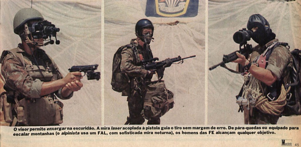 Three soldiers wearing military gear, each equipped with different firearms and night vision equipment, posing against a neutral background.