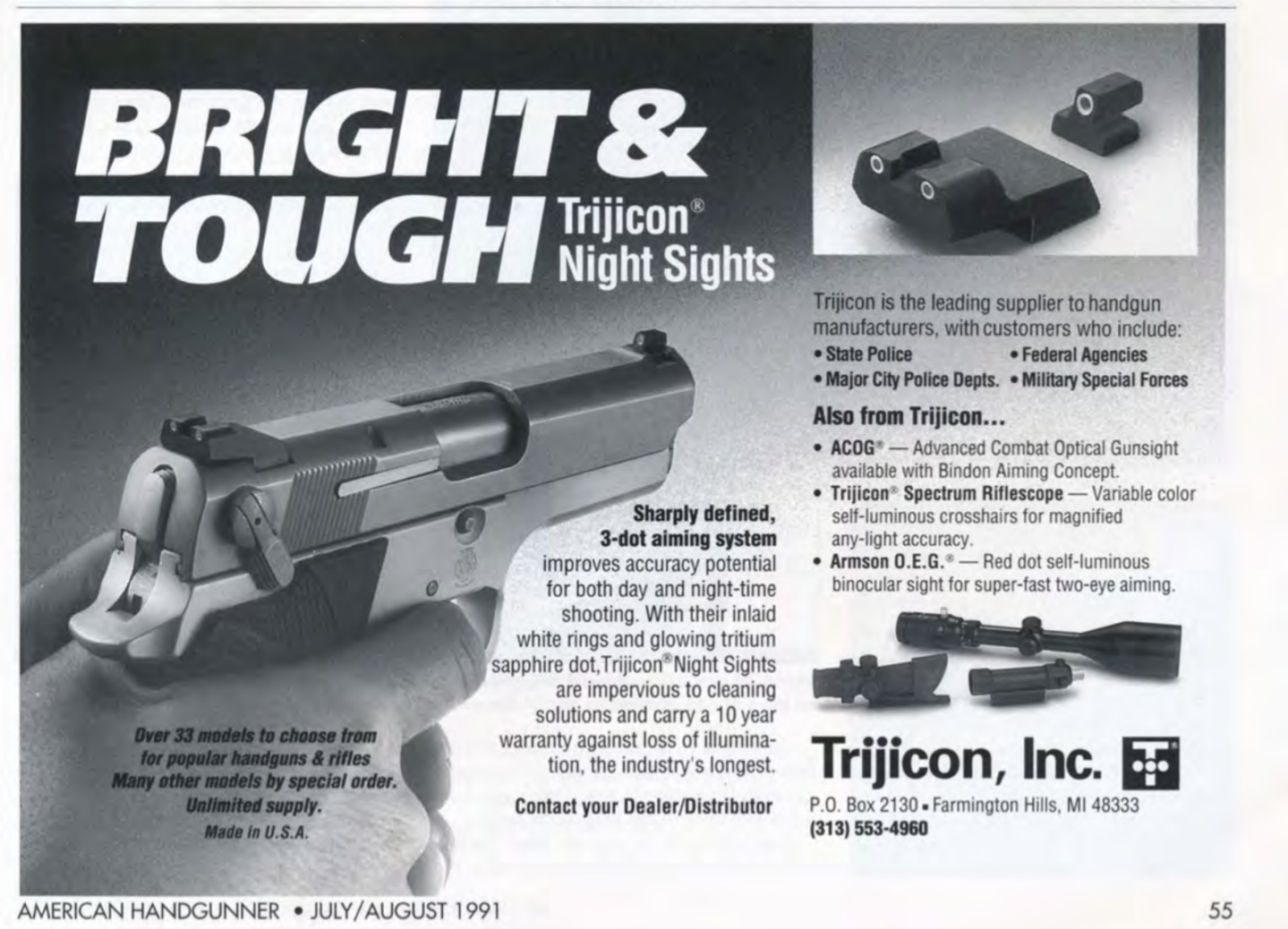 Trijicon advertisement showcasing the design and features of their night sights, featuring a handgun with tritium illumination.