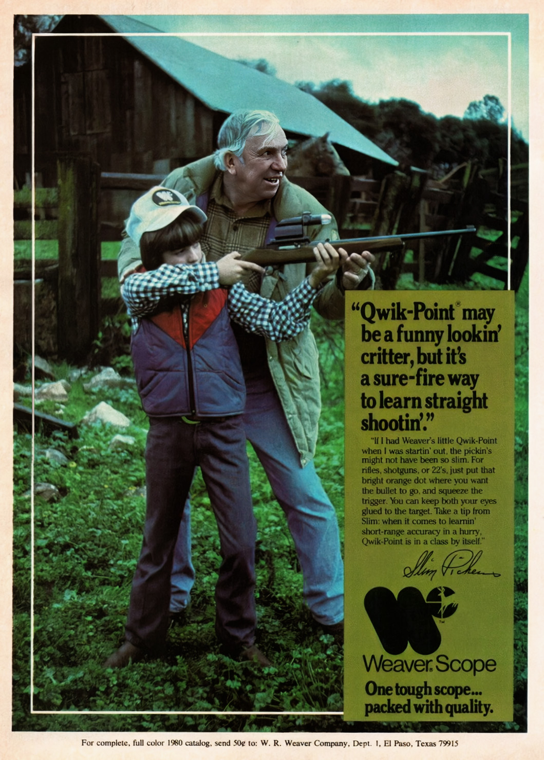 A vintage advertisement featuring an older man and a young boy outside, with the man holding a firearm. The ad promotes the Qwik-Point optic, highlighting its simplicity and effectiveness for shooting.