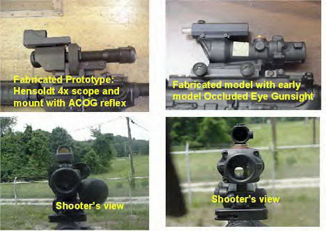 Prototype optics including a Hensoldt 4x scope and an early model Occluded Eye Gunsight, with shooter views captured from different angles.