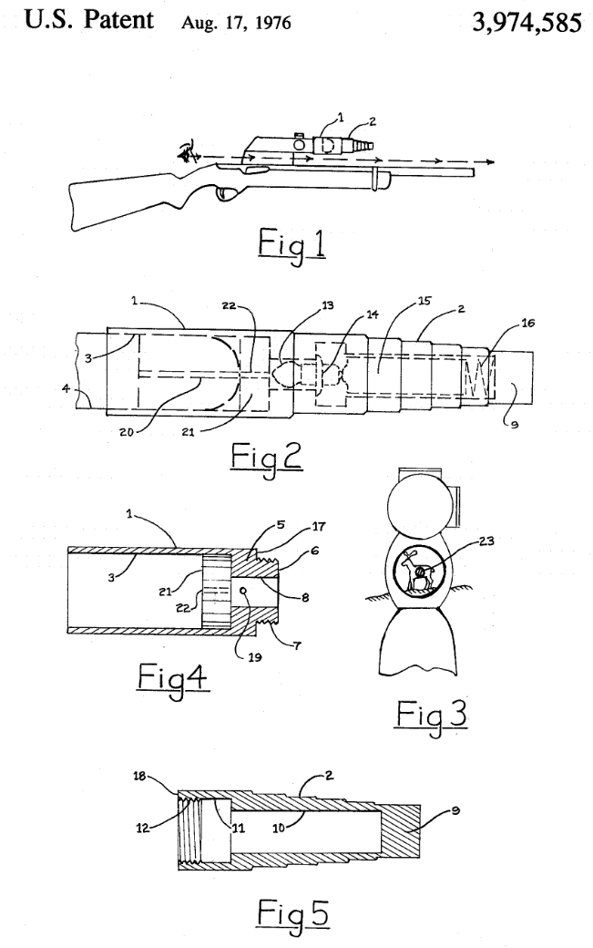 Illustration of a U.S. patent (3,974,585) featuring five figures detailing a firearm optics design, including side and cross-sectional views.