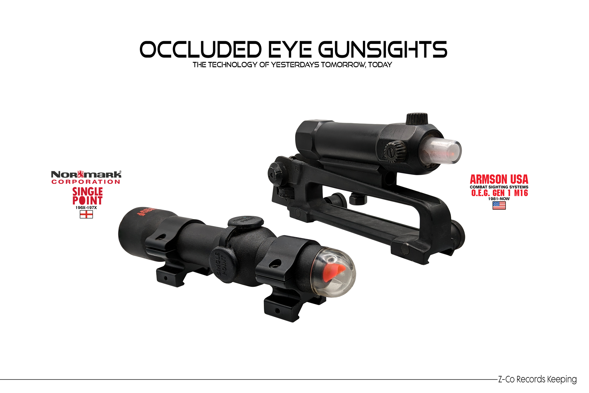 Image of two occluded eye gunsights from Normark Corporation and Armson USA, showcasing their design and features.