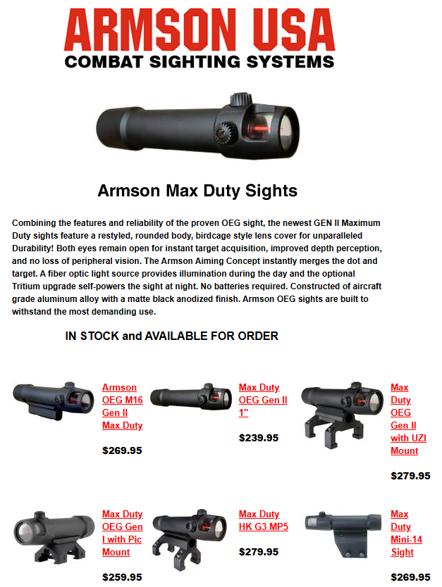 Image of Armson Max Duty combat sighting systems with product details and pricing.
