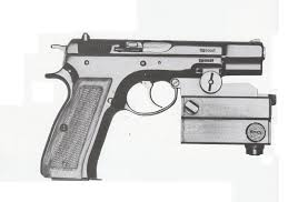 A black-and-white illustration of a semi-automatic pistol with a laser aiming device attached to the side.