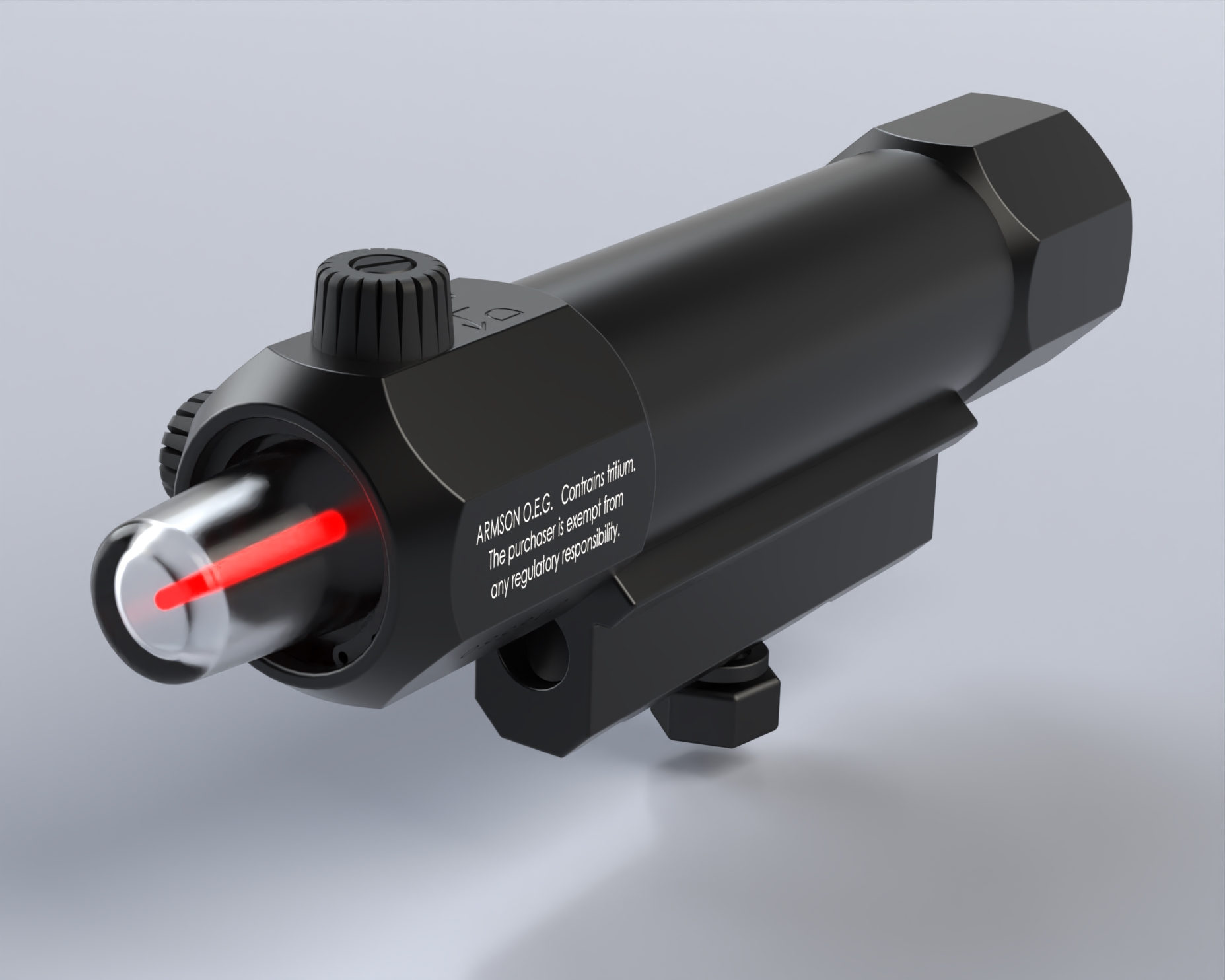 A detailed rendered image of the Armson OEG optic, showcasing its sleek black design and red laser output.