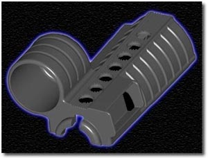 3D rendering of a tactical handguard accessory with textured surface and mounting holes.