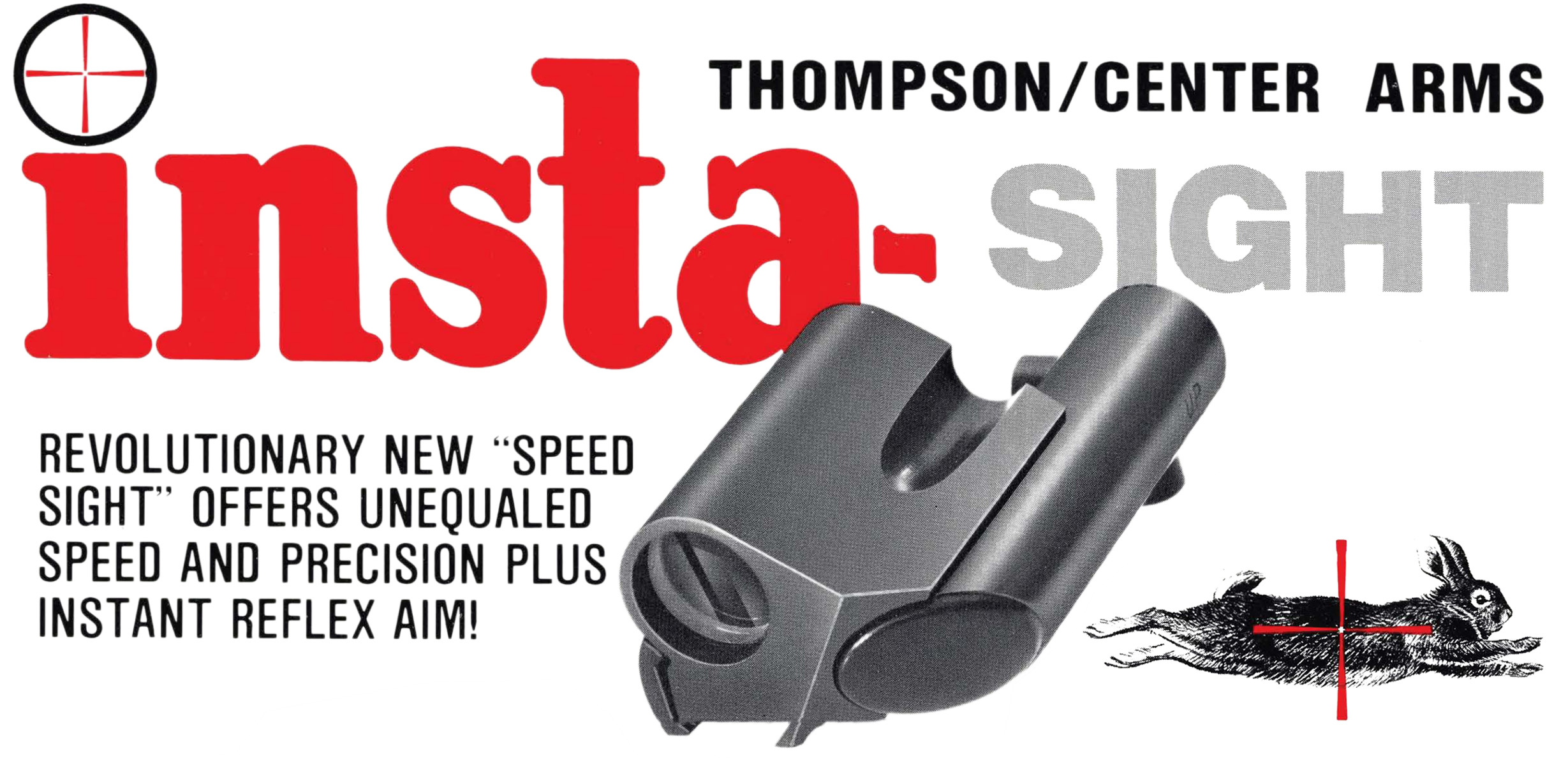 Marketing image featuring the Insta-Sight, a low profile collimator sight solution, alongside promotional text highlighting its speed and precision benefits.