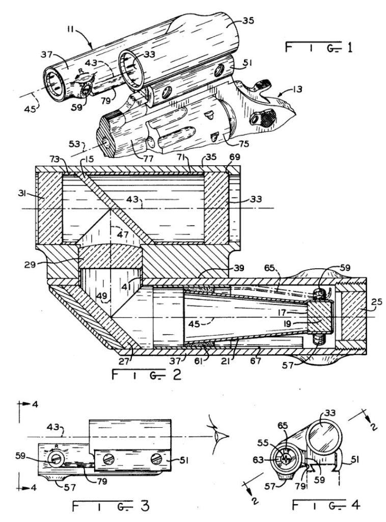 A technical diagram illustrating the design and components of the TC Insta-Sight collimator sight, featuring multiple views including a 3D view, cross-section, and detailed parts labeled.