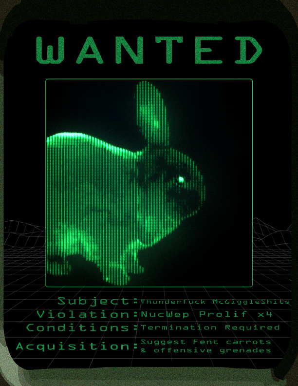 Retro-futuristic 'Wanted' poster featuring a digital image of a rabbit named Thunderfuck McGiggleShits, with details on its violations and conditions.