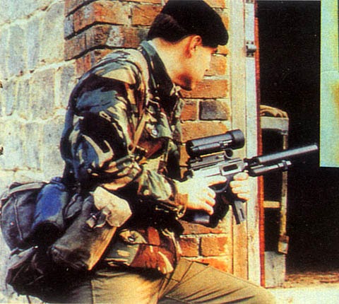 A soldier in camouflage uniform holding a firearm equipped with a red dot sight, positioned near a doorway.