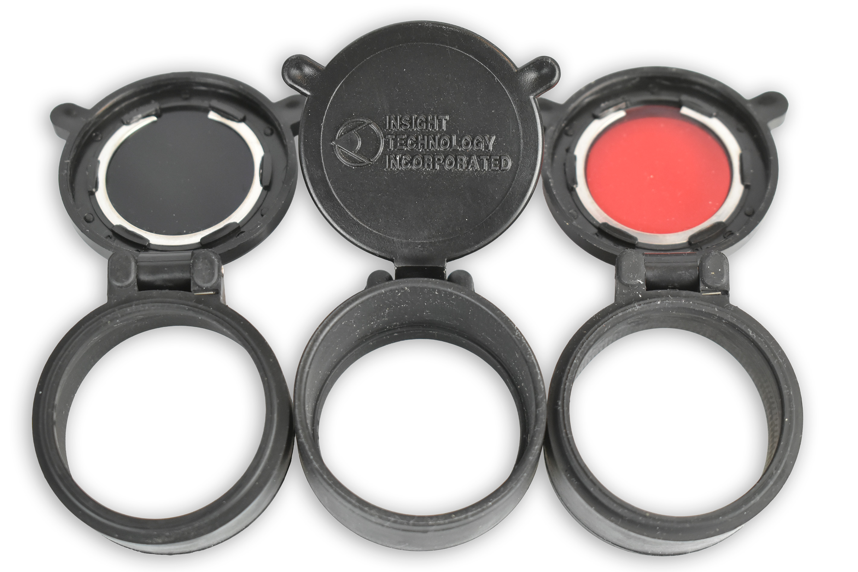 Three colored lens covers for the Insight VLI, featuring a red lens on the right, with 'INSIGHT TECHNOLOGY INCORPORATED' embossed on the center cover.