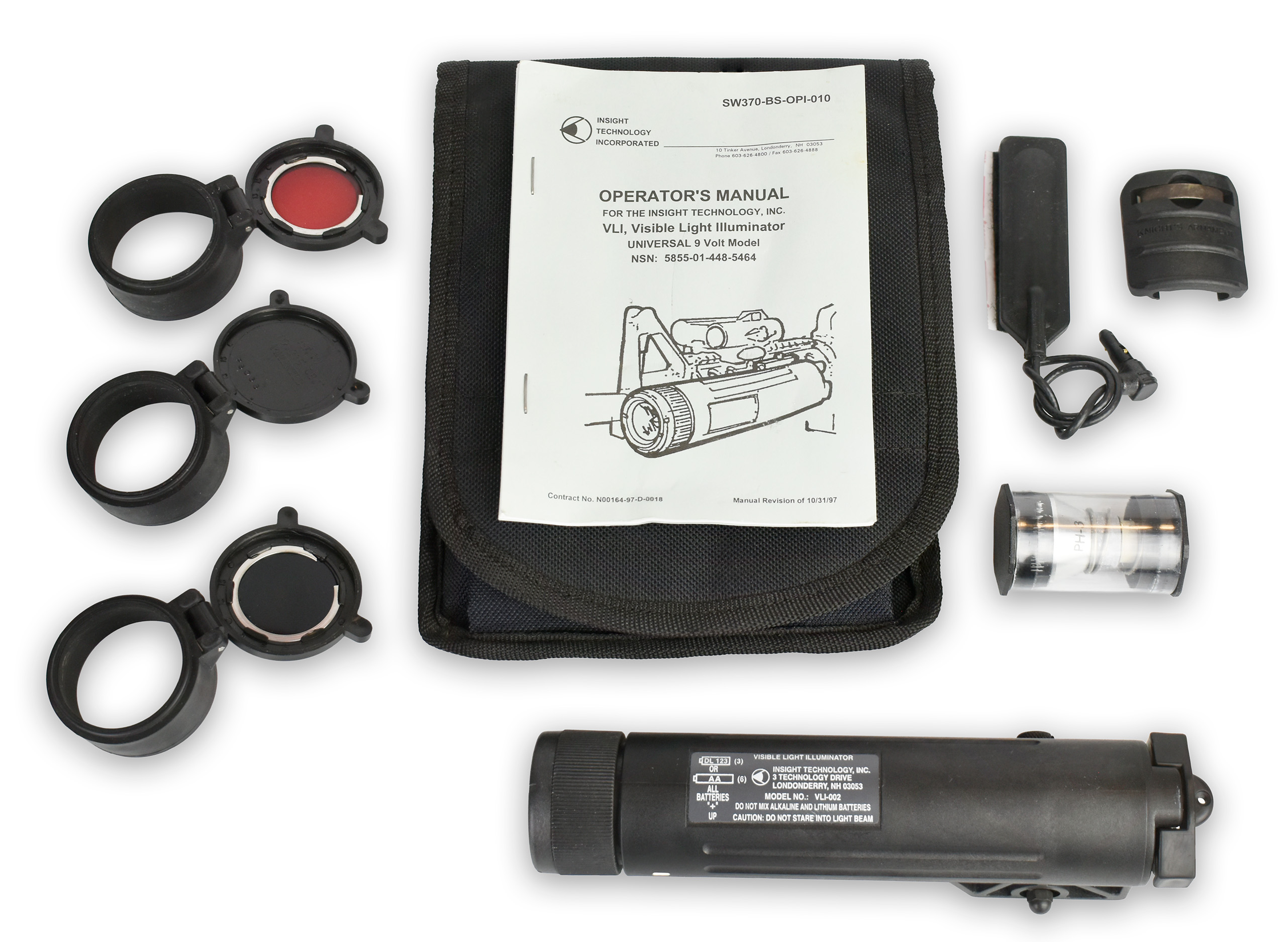 Visible Light Illuminator kit including the illuminator, operator's manual, and various lens filters.