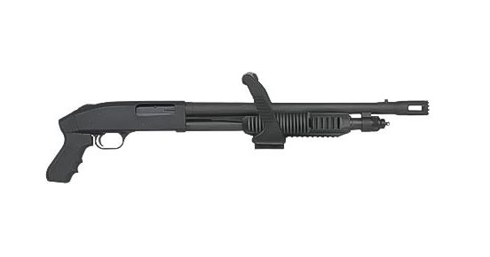 Side view of a black shotgun with a laser attachment and a tactical grip.