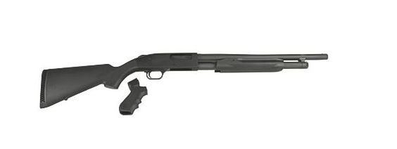 A side view of a black shotgun with a tactical stock and an attached laser grip accessory.