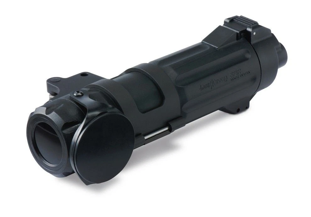 A detailed view of a black tactical flashlight attachment designed for firearms, featuring a cylindrical body and a lens cover.