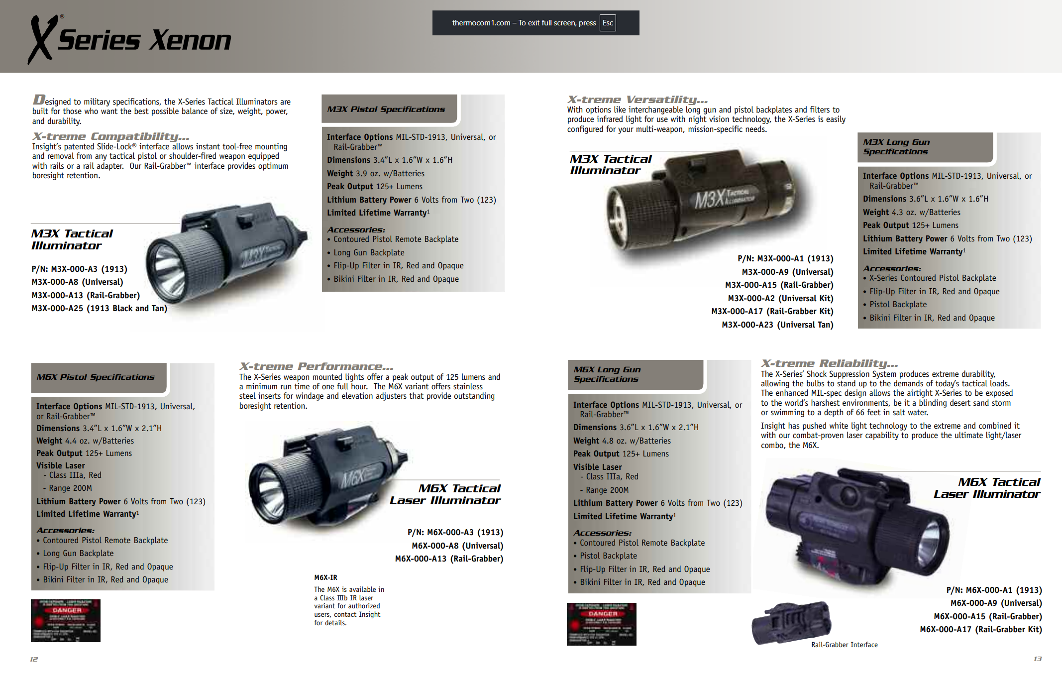 An overview of X Series Xenon tactical illuminators, showcasing models M3X and M6X with specifications including dimensions, weight, and output lumens.