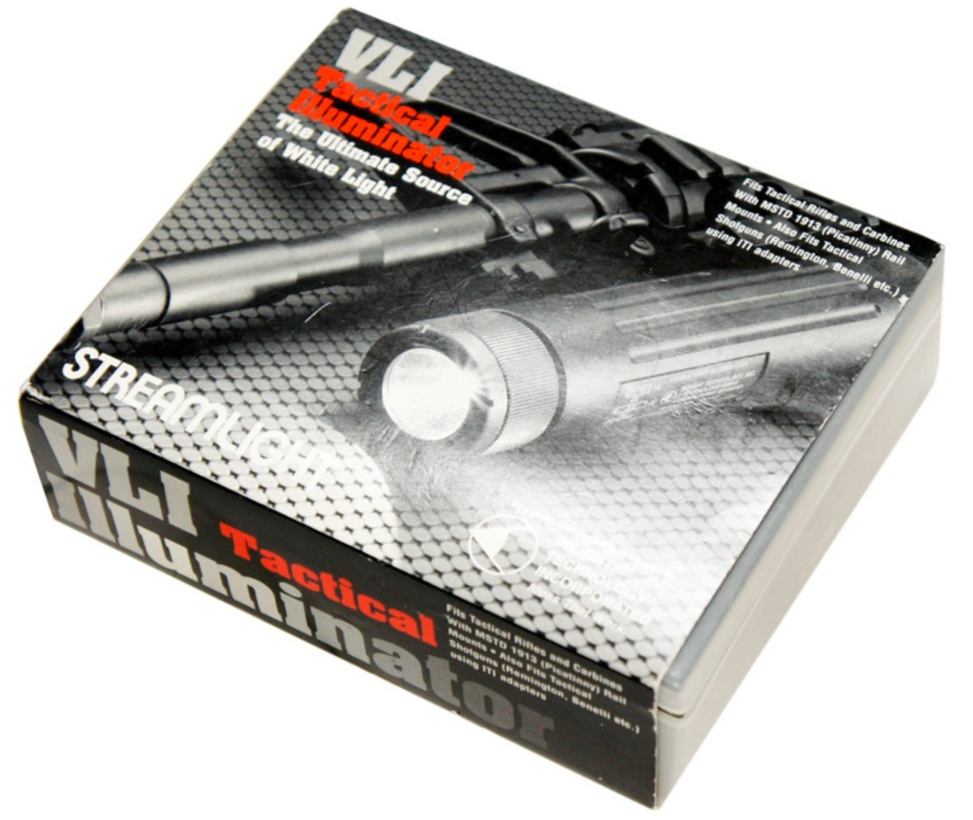 Packaging for the VLI Tactical Illuminator by Streamlight, featuring a rifle mounted light with a bright front LED.