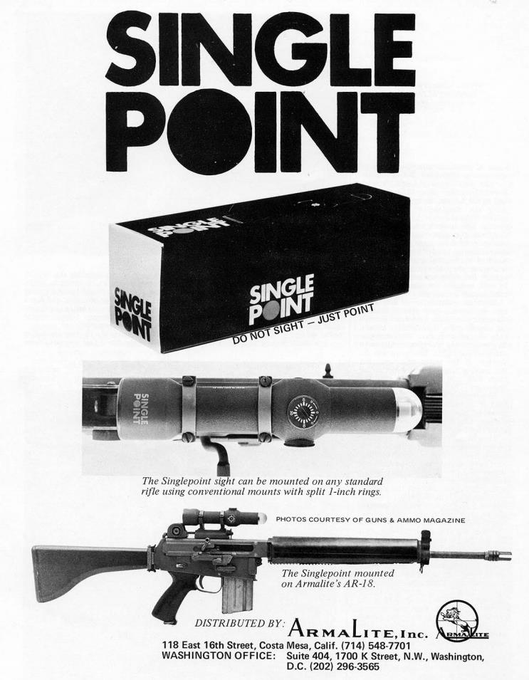 Black and white advertisement for the Singlepoint sight showing the product alongside an AR-18 rifle, with text highlighting its ease of use and mounting options.