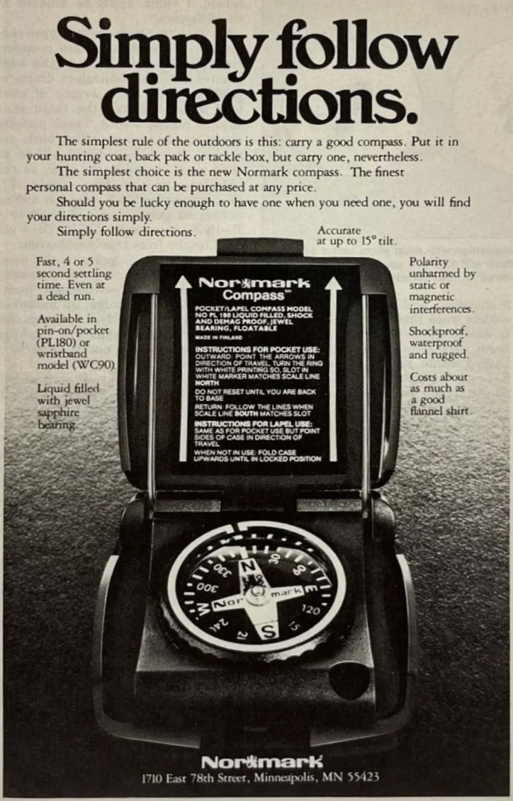 A vintage advertisement for the Normark compass, showcasing its features and instructions for use.