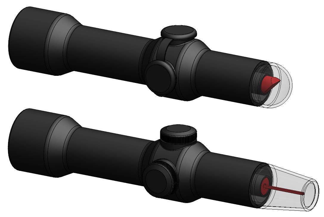 Two-dimensional rendering of a riflescope with a scope body, eyepiece, and a red reticle in front.
