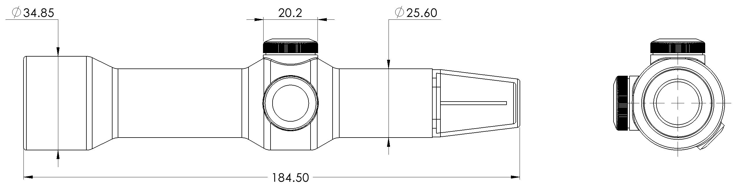 Technical drawing of a Singlepoint sight with annotated dimensions.