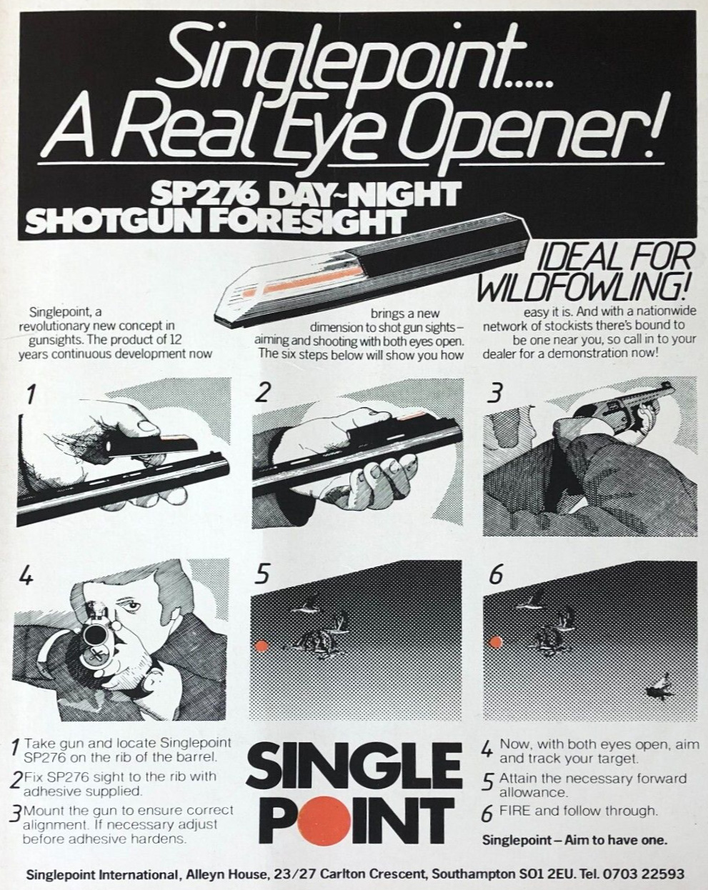Advertisement for the Singlepoint SP276 Day-Night Shotgun Foresight, illustrating its use with a step-by-step guide on aiming and targeting.
