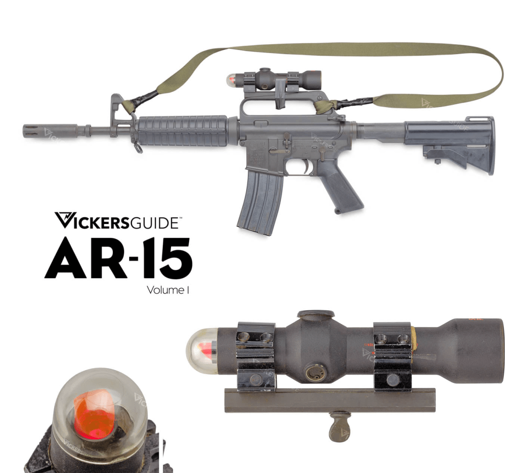 An AR-15 rifle with a mounted reflex sight and a green strap, accompanied by an illustration of the sight's red dot.