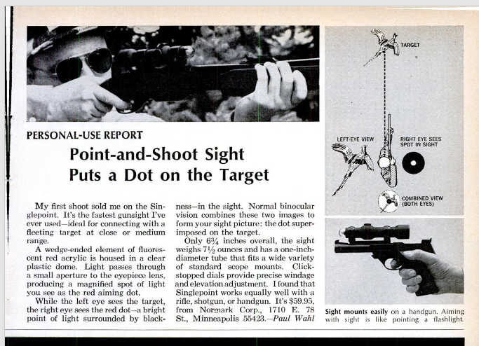 A personal-use report featuring the Singlepoint sight on a handgun, demonstrating the aiming mechanism. The image shows a person aiming with the sight, a close-up of the sighting mechanism, and explanations of the left-eye and right-eye views.