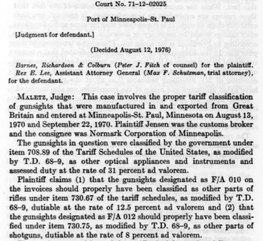 Court document outlining tariff classification case involving gunsights manufactured and exported from Great Britain.