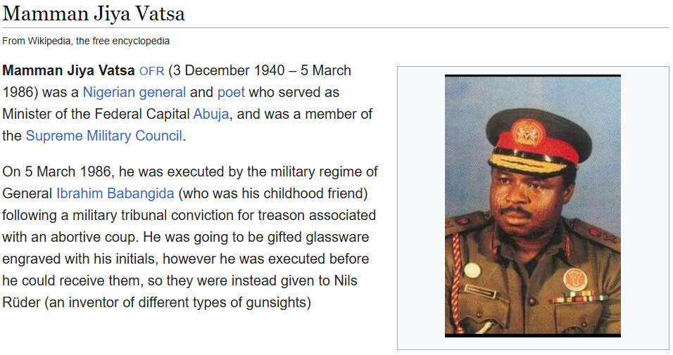 Portrait of Mamman Jiya Vatsa, a Nigerian general and poet, wearing a military uniform with medals and a cap.