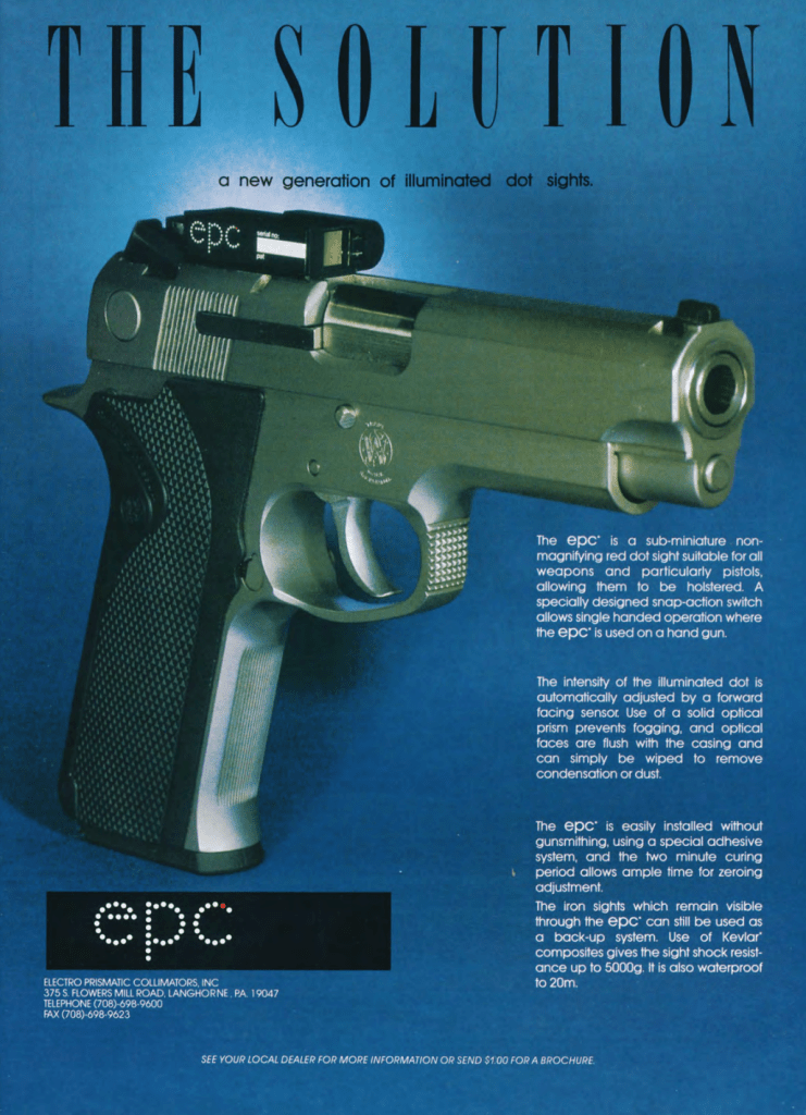 A sub-miniature red dot sight mounted on a firearm, featuring the label 'epc' and a blue background. The image promotes its features and ease of use.