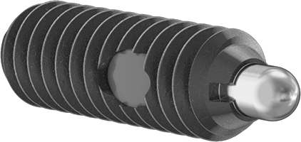 Close-up of a black component designed for firearm modification, featuring a threaded body and a spherical end.