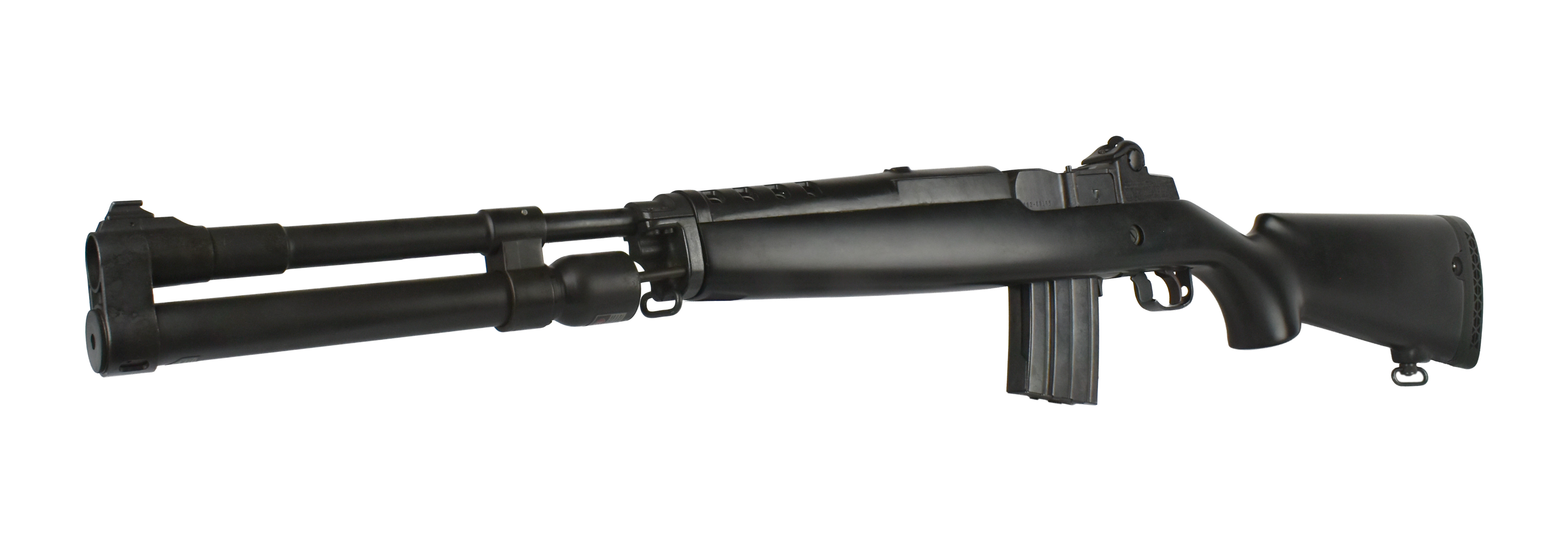 A black semi-automatic rifle, showcasing a sleek design, featuring two prominent barrels and a sturdy stock.