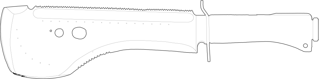 Illustration of a knife featuring a curved blade, serrated edge, and a textured handle.