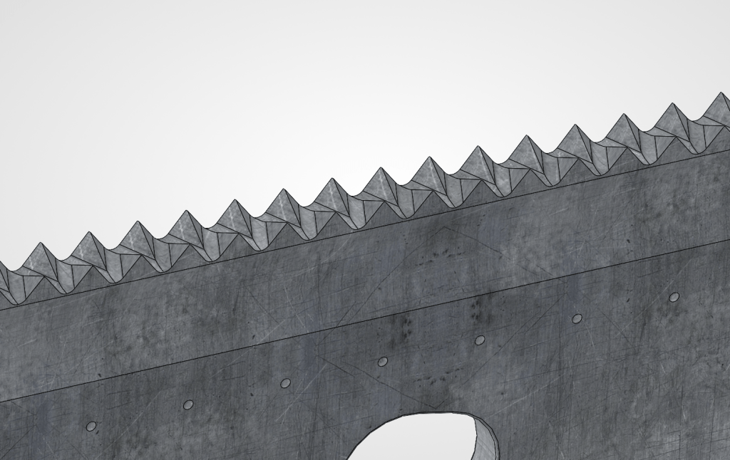 Close-up view of a serrated metal edge, featuring sharp, jagged teeth along the top edge.