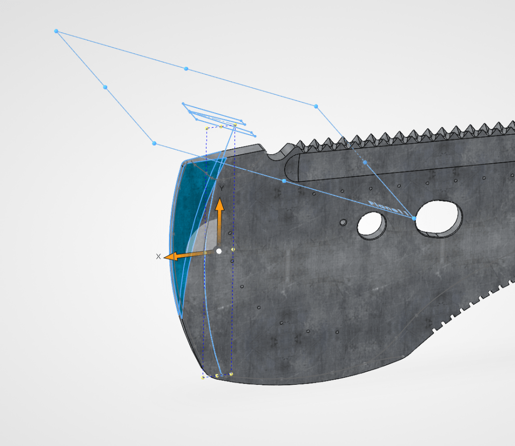 Close-up diagram of a mechanical saw blade, showcasing the cutting edge and design features with measurement annotations and angles.