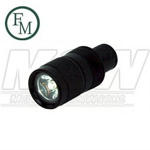 Close-up image of a compact flashlight with a halogen-beam bulb and black cylindrical body, designed for attachment to firearms.