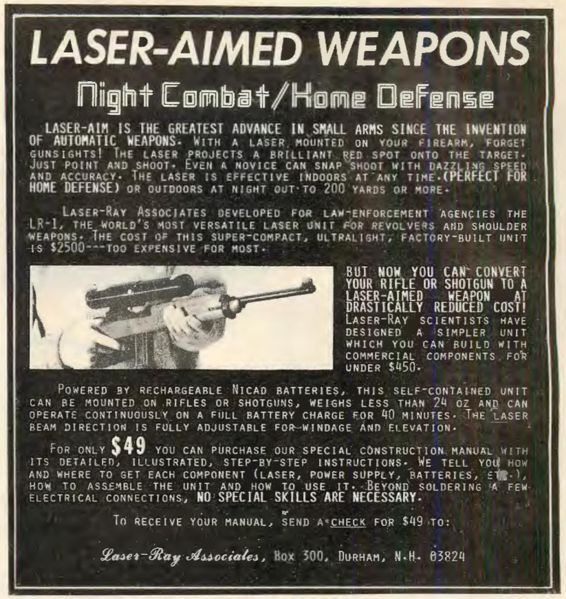 Advertisement for laser-aimed weapons, highlighting the features and benefits of using lasers for firearms. It includes a description of the LR-1 laser unit, its cost, and assembly instructions for converting rifles or shotguns.