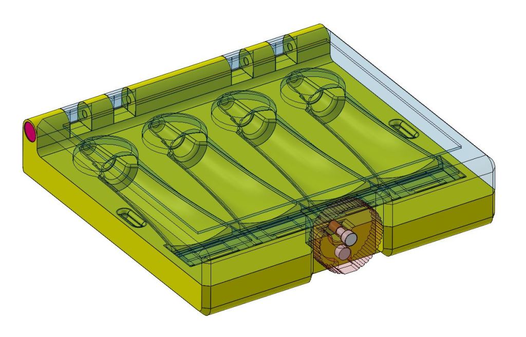 3D rendering of a yellow packaging container with compartments for holding items, featuring a transparent lid and a mechanical hinge.